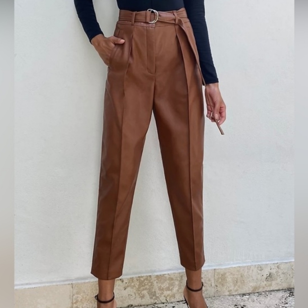 Babaton Cognac Brown Faux Leather Pleated Belt Tie Pants Size 2